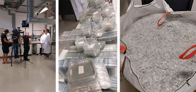 Dreharbeiten im Labor, PET Kunststoff-Verpackungen und Sack mit PET-Granulat
