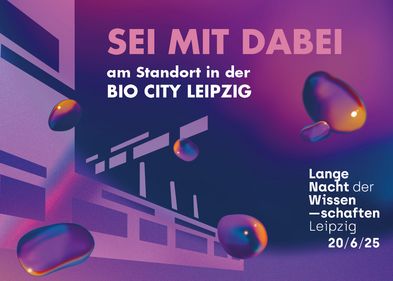 Farbige Blasen auf dunklem Grund mit Grafik Gebäude der BIO CITY
