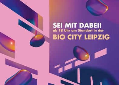 Farbige Blasen auf dunklem Grund mit Grafik Gebäude der BIO CITY