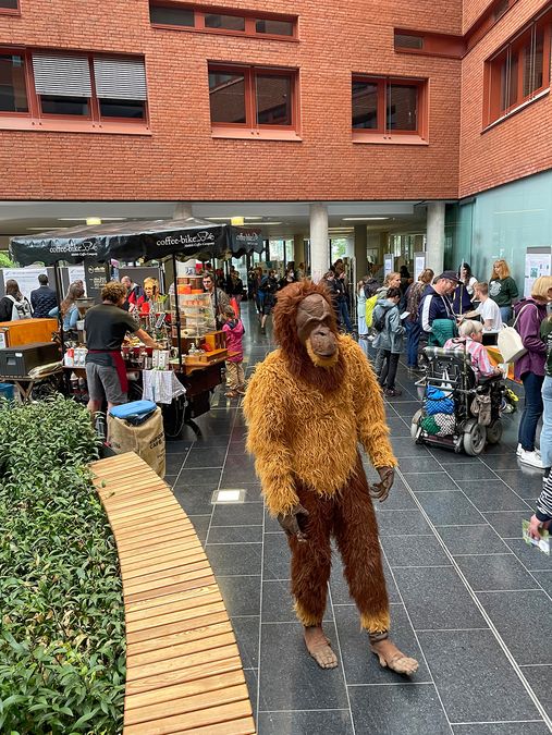 zur Vergrößerungsansicht des Bildes: Blick in die BIO CITY mit Ständen und Mann im Orang Utan Kostüm